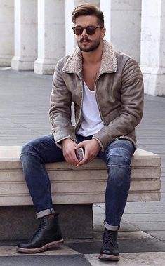 @stefanotratto - with a fall combo idea with a brown suede jacket white shirt blue jeans brown leather boots sunglasses. #fallfashion #falloutfits #menswear #menstyle #mensapparel #boots #tshirt #mensfashion #mensoutfits White Shirt And Blue Jeans, Guy Fashion, Male Style, Winter Outfits Men, Men Style Tips, Trending Fashion