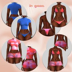 six images of different types of bikinis in various colors and sizes, all showing the same