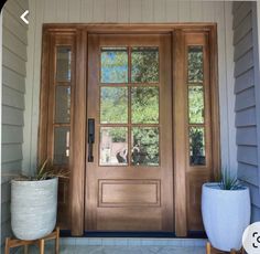 a wooden door with two planters on the front steps and one potted plant next to it