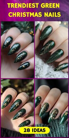 Gold Christmas Tree Nail Art, Green Holiday Nails Christmas, Alternative Christmas Nails, Christmas Nail Trends, Christmas Tree Nail Art