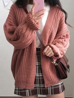 Retro thicker Knit Cardigan Open Front Cable Knit Cardigan - AnotherChill Fall Knit Sweater, Outfit Essentials, Loose Cardigan, Vogue Knitting, Korean Fashion Trends, Modieuze Outfits, Garter Stitch, Plaid Skirt, Inspired Outfits