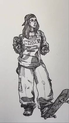 a drawing of a skateboarder standing next to his board and holding a drink