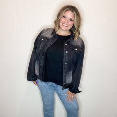 Features fringe, lightweight denim and lightweight buttons. Ash has this layered with a long sleeve top in the xl as a size 16. Non stretch but oversized Details Denim Jacket Brand: Savanna Jane Color: Black Sizing S (2-6) | M (8-10) | L (12-14) | XL (16-18) | 2X (20-22) | 3X (22-24) Ashley (Size 16 regular and 40H bust) wears size XL Fabric Fit & Feel 90% Cotton 5% Poly 5% Viscose Relaxed fit with room in the tummy (Taco friendly :-) Measurements (approximate and taken while laying flat) Length Trendy Washed Black Long Sleeve Denim Jacket, Trendy Washed Black Denim Jacket, Edgy Washed Long Sleeve Denim Jacket, Edgy Relaxed Fit Long Sleeve Denim Jacket, Oversized Black Denim Tops, Black Tops With Frayed Hem For Fall, Washed Black Long Sleeve Denim Jacket For Everyday, Casual Relaxed Fit Denim Jacket For Layering, Black Denim Jacket With Frayed Hem