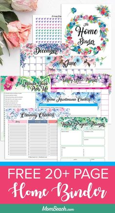 the free printable home binder is shown with flowers and greenery on it