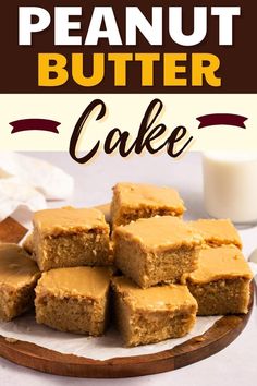 peanut butter cake cut into squares on a plate