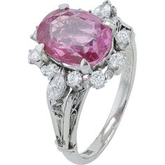 Platinum 3.31 Carat No Heat Pink Sapphire and Diamond Accent Ring - GIA Certified Luxury Gia Certified Pink Gemstones, Luxury Pink Ruby Ring In Platinum, Gia Certified Pink Diamond Ruby Ring, Pink Diamond Sapphire Ring, Gia Certified, Luxury Pink Diamond Gemstone Ring, Luxury Pink Sapphire Ring With Brilliant Cut, Luxury Pink Ruby Diamond Ring, Luxury Pink Ruby Ring With Diamond, Luxury Pink Sapphire Gemstone Ring