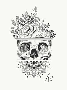 a black and white drawing of a skull with flowers