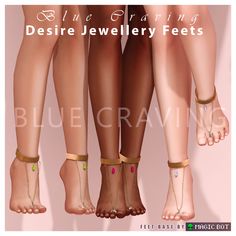 the legs and ankles of three women wearing ankle bracelets, with text reading blue crane jewelry