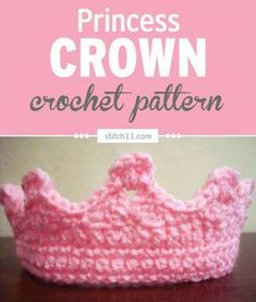 a pink crochet crown sitting on top of a wooden table with the words princess crown