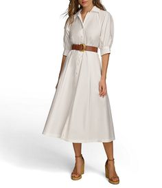 Donna Karan 3/4 Sleeve Collared Neck Belted Pocketed Sateen Midi Dress | Dillard's Midi Dress Work, Morgan Dress, Wear To Work Dress, Work Dresses For Women, Belted Midi Dress, Cotton Shirt Dress, Daytime Dresses, Midi Dress Casual, Office Dresses