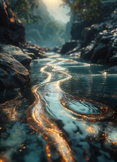 a river flowing through a forest filled with lots of rocks and water at night time