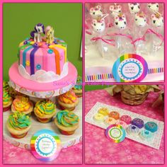 a collage of pictures with cupcakes, cake and other items on the table