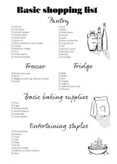 the basic shopping list is shown in this black and white version, with instructions to make it