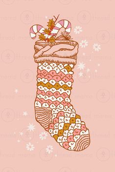 a christmas stocking with candy canes and bows on it's side, in pink