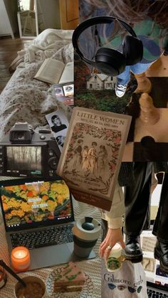 a collage of photos with books, pictures and candles on the floor in front of a bed