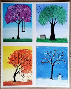 four different paintings of trees with snowman, tree and bench in the middle one has birds on it