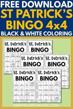 the st patrick's bingo and white coloring book is shown with text that reads, free