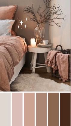 a bedroom with pink and brown tones in the color scheme, including bed linens