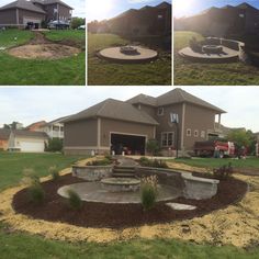 several pictures of a house with landscaping in the front yard and back yard, including an outdoor fire pit