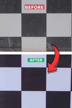 a black and white checkered wall with the words before and after painted on it