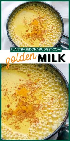 two pans filled with golden milk and topped with cinnamon sprinkled on top