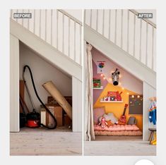 before and after shots of a child's room with toys in the loft, from top to bottom