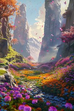 an animated scene with flowers and rocks in the foreground, surrounded by butterflies flying overhead