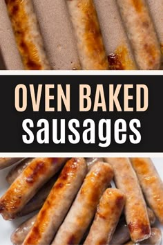 oven baked sausages on a white plate with text overlay