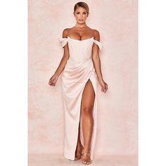 Features A Sexy Thigh Split Size M Excellent Condition Limited Edition Gown, No Longer Sold Similar To Malika Dress In Pink (Strapless Version) Off Shoulder Bustier, Corset Draping, Bustier Gown, House Of Cb Dresses, House Of Cb, House Dress, Gown Dress, Blush Pink, Gowns Dresses