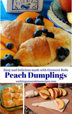 peach dumplings with blueberries and oranges in the background