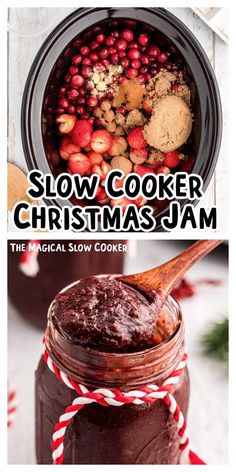 a jar filled with chocolate pudding next to another jar full of cookies and cranberries