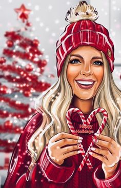 a drawing of a woman holding a heart in front of a christmas tree and smiling