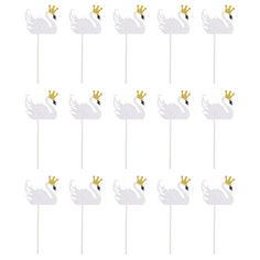 swan cake toppers with gold crowns on each one, set of 12 pieces in the shape of swans