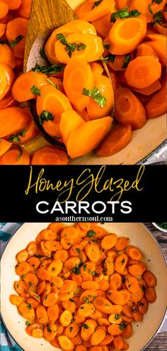 honey glazed carrots in a white bowl and on a wooden spoon with the words honey glazed carrots