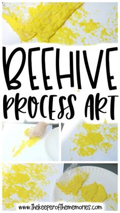 a collage of photos with the words belive preschool craft written in black and yellow