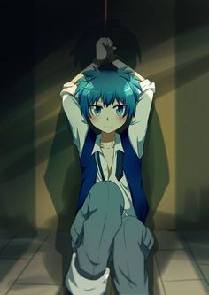 an anime character with blue hair sitting on the floor