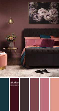 a bedroom with pink and purple colors in the walls, bedding and accessories on the floor