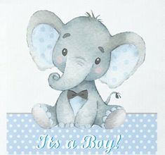 an elephant is sitting on top of a blue and white polka dot background with the words it's a boy