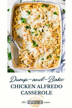 a casserole dish filled with dump and bake chicken alfredo, garnished with parsley