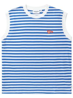 blue/white cotton horizontal stripe pattern embroidered logo at the chest round neck sleeveless straight hem Casual White Tank Top With Contrast Stripes, Casual Summer Tops With Signature Stripes, Blue Cotton Top With Contrast Stripes, Summer Blue T-shirt With Contrast Stripes, Crew Neck Cotton Top With Signature Stripes, Cotton Crew Neck Top With Signature Stripes, Summer Cotton Tops With Horizontal Stripes, Casual Cotton Tops With Vertical Stripes, Cotton Tops With Horizontal Stripes For Summer