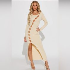 Midi Dress Long Sleeve Scoop Neck Cut Out Side Slit Stretch 70% Rayon 30% Nylon Midi Dress Long Sleeve, Cut Out Dress, Fashion Nova Dress, Out Dress, Knit Midi, Dress Long Sleeve, Knit Midi Dress, Cream Dress, Long Sleeve Midi Dress