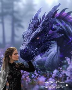 a woman with long hair standing next to a purple dragon in the middle of flowers