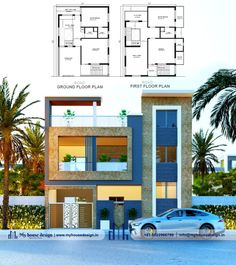 two story house plan with car parked in front and palm trees on the other side