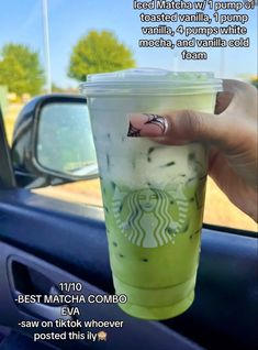 someone is holding up a starbucks drink in their hand with the caption, best matcha combo