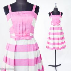 "~ 1950s pink & white striped cotton dress ~ Fun bright sundress ~ Shoulder straps width 1\" (2.54 cm) ~ Attached matching bow belt 1\" (2.54 cm) ~ Top of dress is fully lined in white cotton ~ Back plastic zipper- 14\" (35.56 cm) ~ Wonderful wide pleated full skirt ~ Excellent Label : Pat Primo California Bust- 32\"  (81.28 cm) Waist- 24\"  (60.96 cm) Shoulder to waist- 16\"  (40.64 cm) Hips 56\"  (142.24 cm) Length- 40\"  (101.6 cm)  More Incredible Vintage:  glennasvintageshop.etsy.com Vintage Jewelry:  glennasjewels.etsy.com Instagram @glennas_clothing Facebook  https://www.facebook.com/glennasclothing" Pink Vertical Striped Summer Dress, Pink Vertical Stripe Summer Dress, Vintage Striped Summer Dresses, Bright Sundress, Pink Sun Dress, Barbie Pink Dress, Pink Sundress, Bow Belt, Cotton Gifts