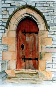 a watercolor painting of a red door on a stone building with an arched window