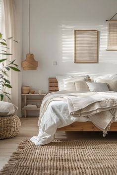 a bed with white linens and pillows in a room next to a bamboo plant