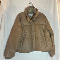 Prologue Target Size Large Faux Leather Puffer Jacket Tan Nwt Beige Puffer Jacket For Work In Fall, Spring Leather Puffer Outerwear, Brown Puffer Outerwear For Spring, Winter Khaki Leather Outerwear, Winter Leather Khaki Outerwear, Spring Puffer Leather Jacket For Work, Khaki Leather Winter Outerwear, Fall Puffer Leather Jacket For Work, Spring Leather Outerwear In Khaki