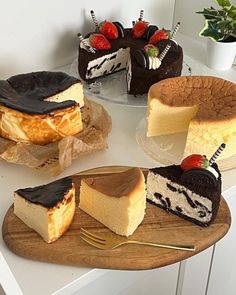 three different types of cheesecakes on plates with one slice cut out and the other half eaten