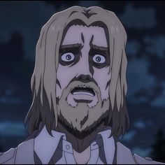 an animated image of a man with long hair and blue eyes